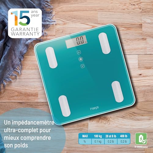 Haepi Pèse-Personnes Impédancemètre en Verre: Analyse Corporelle (Masse Grasse, Masse Osseuse, Masse Musculaire, Masse H
