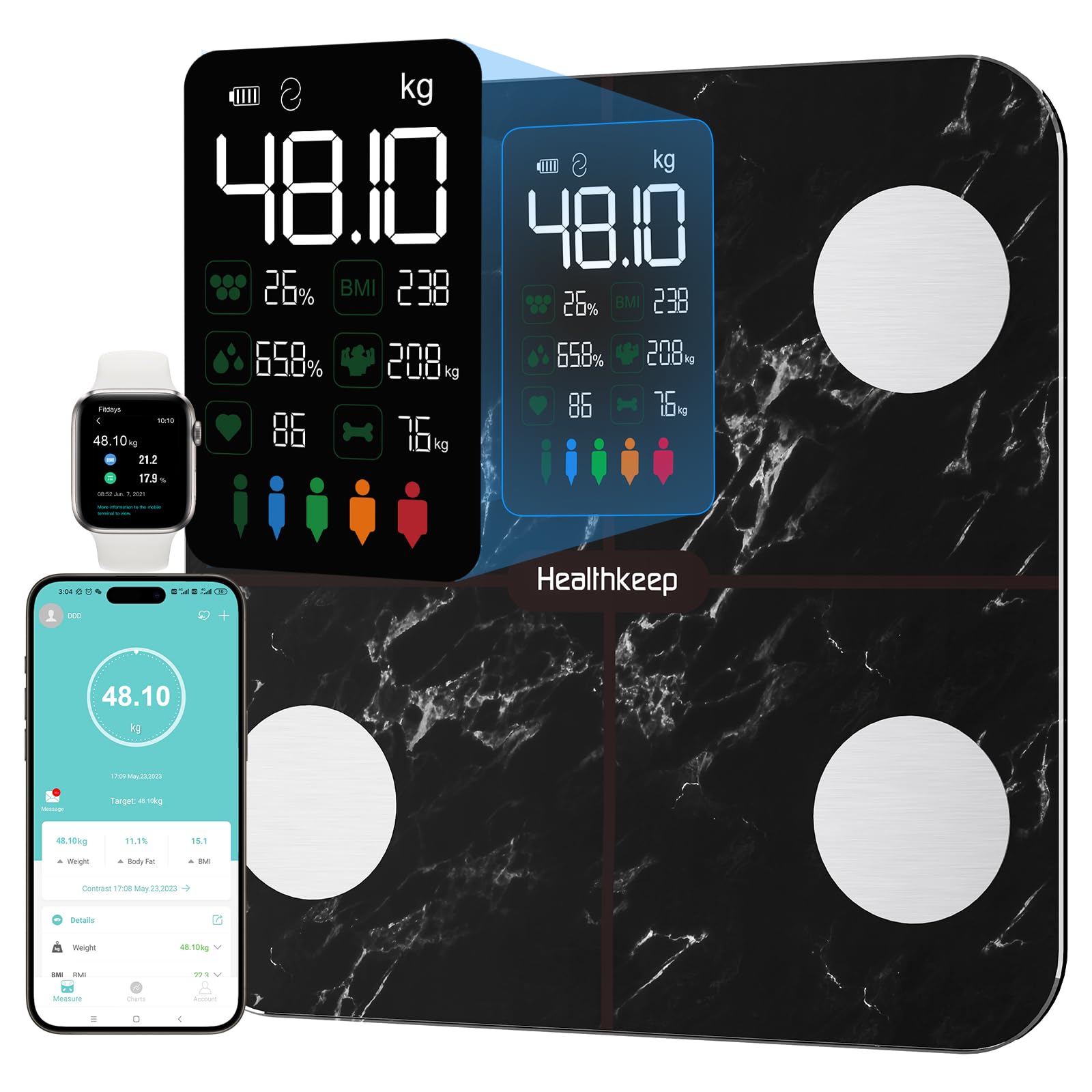 Healthkeep Balance Pèse Personne Connectée pour Suivi de Santé Grand Écran Avec Mesures Impédancemètre et Fréquence Card